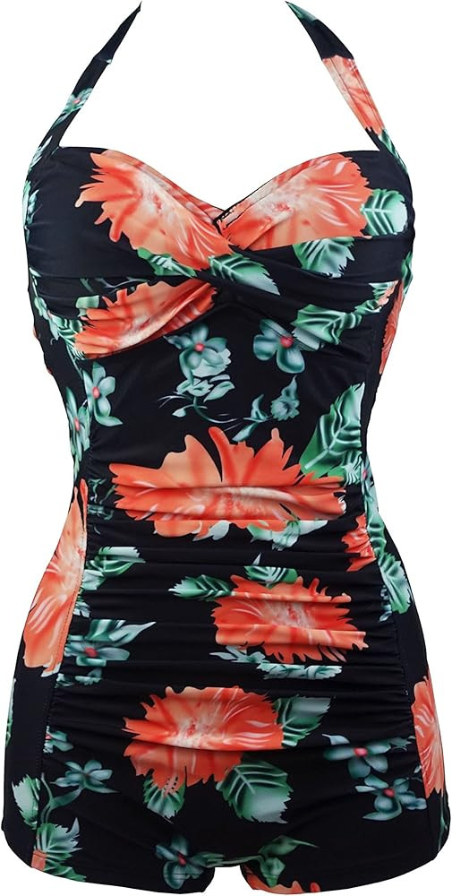 COCOSHIP Women's Elegant Floral Retro Boy-Leg One Piece Ruched Maillot Front Twist Swimsuit(FBA) | Amazon (US)