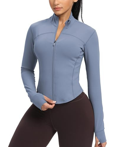GYM RAINBOW Womens Zip Up Workout Jakcets Lightweight Slim Fit Running Athletic Jackets with Thumb Holes(#1 Dusty Blue,Medium) | Amazon (US)