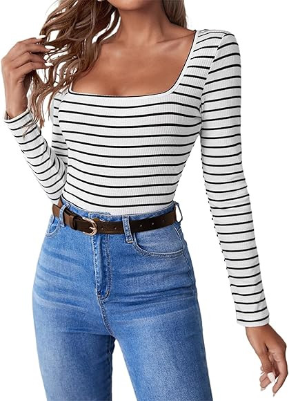 LilyCoco Women's Long Sleeve Bodysuit Striped Shirt Square Neck Body Suit Tops | Amazon (US)