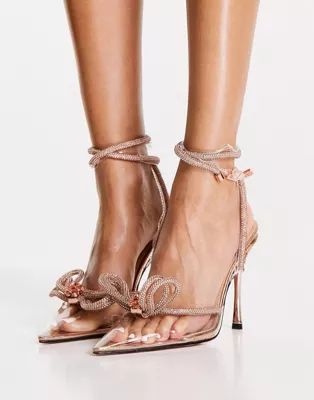 Public Desire Midnight heeled shoes with diamante bow detail in rose gold | ASOS (Global)