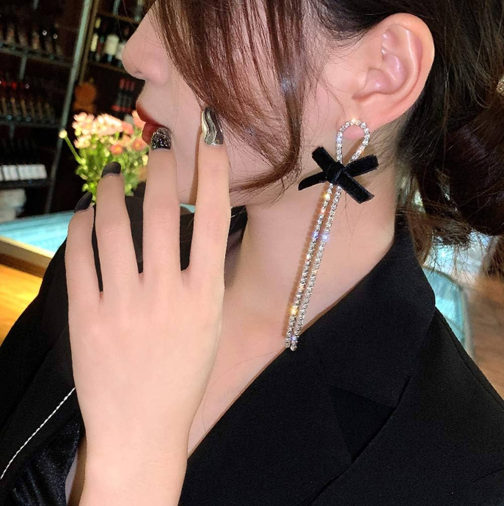 Missgrace Bohemian Dainty Silver Long Rhinestones Tassels Black Bowknot Statement Drop Dangle Ear... | Amazon (US)