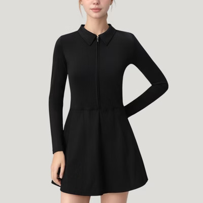 Anna-Kaci Active Women's Active Dress with Zip Front Closure and Pointed Collar - Small, Black | Target