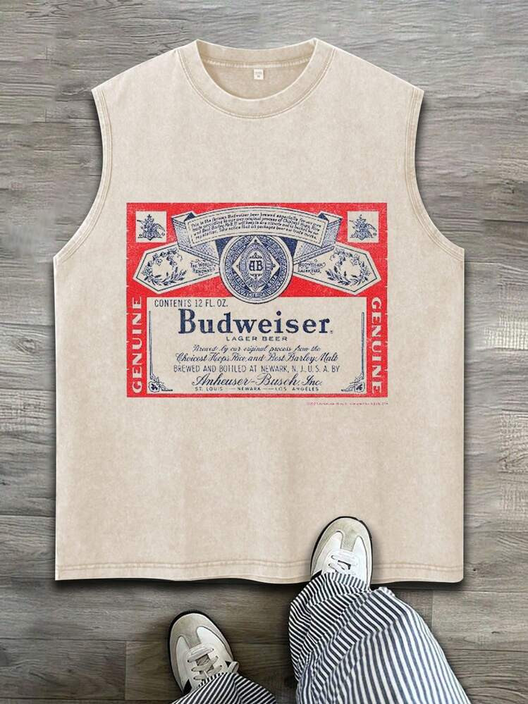 Sleeveless Printed T-Shirt, Y2K Style Street Fashion Men's Washed Vest (220g Pure Cotton), Vintage Pattern Fun Print, Hip-Hop Style, Men's Summer Round Neck Short-Sleeved Casual T-Shirt, Men's Summer Streetwear. | SHEIN