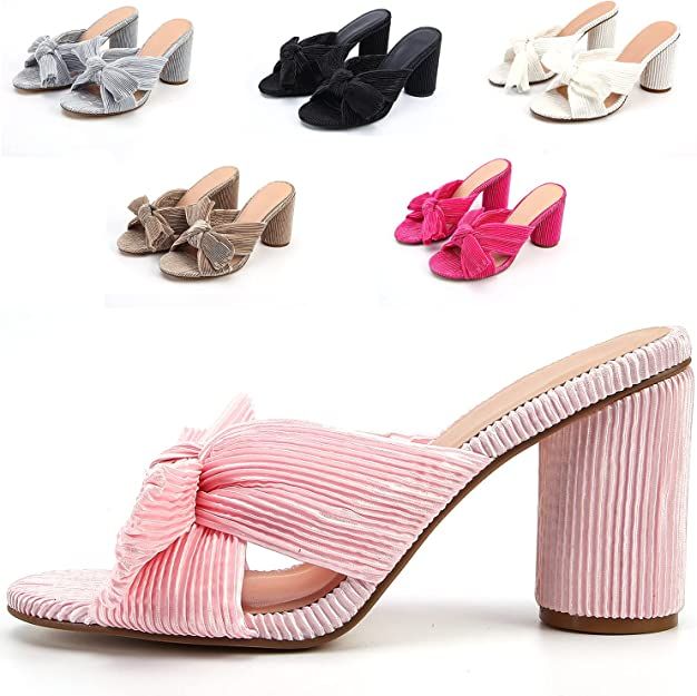 Heeled Sandals for Women Cute Bowknot Bow Pleated Block Chunky Heel Open Toe Comfortable Slippers... | Amazon (US)