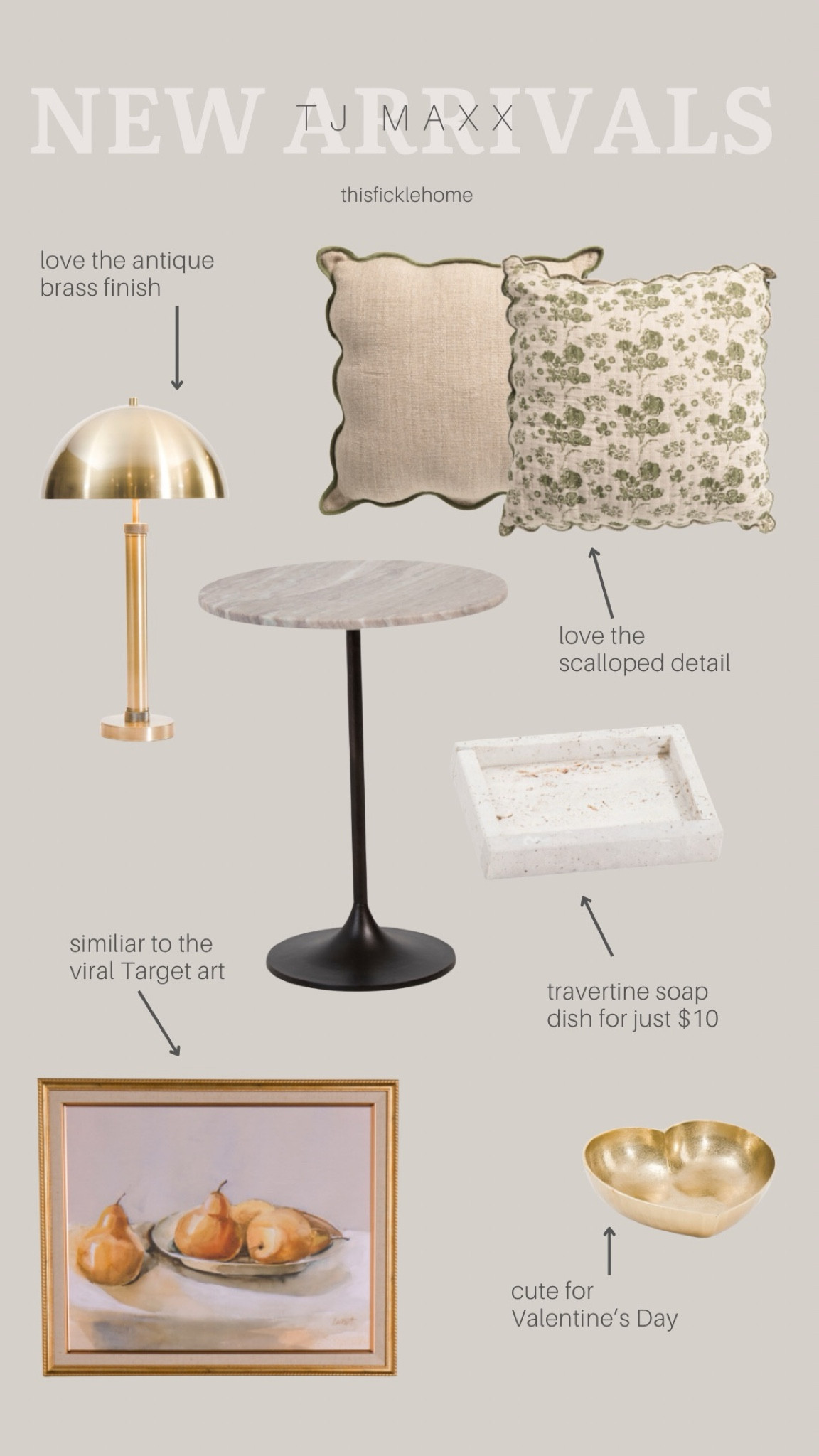 New home decor finds from TJ Maxx!

Antique brass desk lamp. Round pedestal side table. Travertine soap dish. Scalloped edge spring pillows. Pear framed art. Gold heart dish for Valentine’s Day!

#LTKSaleAlert #LTKHome