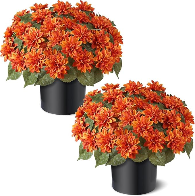 2 Set 20"Fall Artificial Dahlia Flower Topiary Ball Trees for Porch(Orange) | with Pots,No Assemb... | Amazon (US)