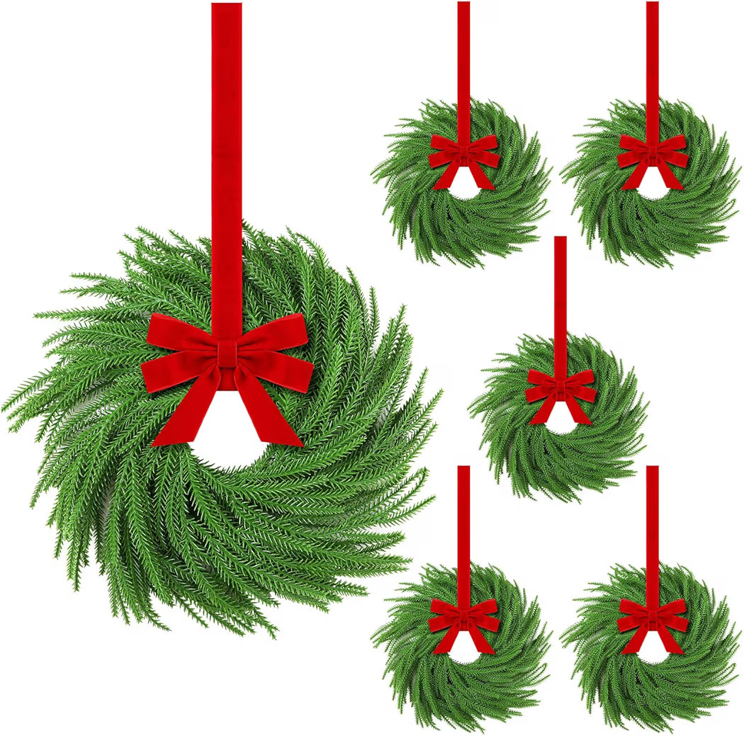 Hotop 6 Set Mini Christmas Wreath for Cabinet Kitchen Windows Decors Bulk with Red Bow Small Arti... | Amazon (US)
