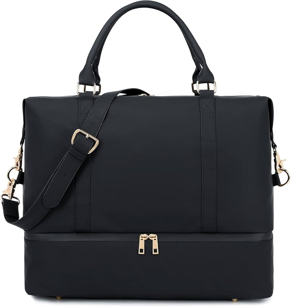 Womens Travel Weekend Bag Canvas Overnight Carry on Shoulder Duffel Beach Tote Bag, Leather Black... | Amazon (CA)