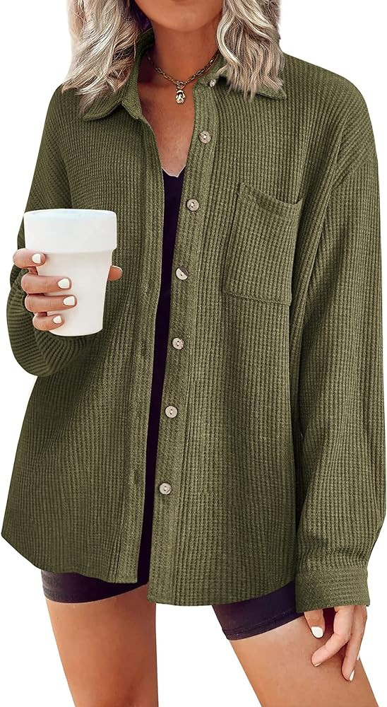 HOTOUCH Waffle Button Down Shirts for Women Dressy Casual Work Shacket V Neck Long Sleeve Lightwe... | Amazon (US)