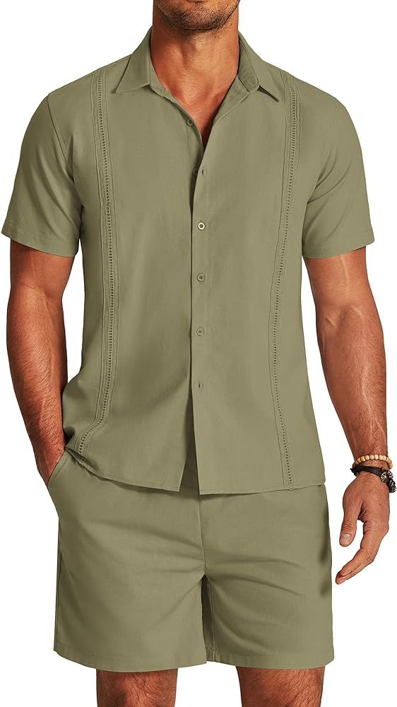 COOFANDY Men 2 Piece Linen Set Beach Guayabera Outfit Button Down Shirt and Short | Amazon (US)