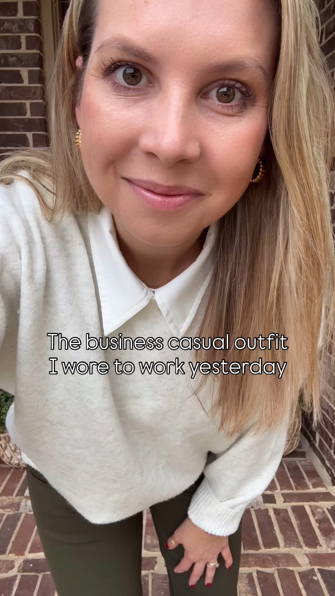 Little did I know the high was in the upper 80s with over 90% humidity 😅 I’m wearing a size small sweater, small button down, and size 6 pants in this super affordable outfit. 

Work wear, over 40 style, winter outfit, work style, business casual 

#LTKWorkwear #LTKSaleAlert #LTKOver40