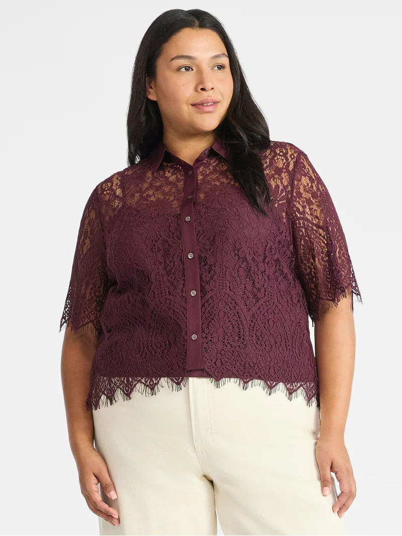 Time and Tru Women's Button Up Lace Blouse with Short Sleeves, Sizes XS-XXXL | Walmart (US)