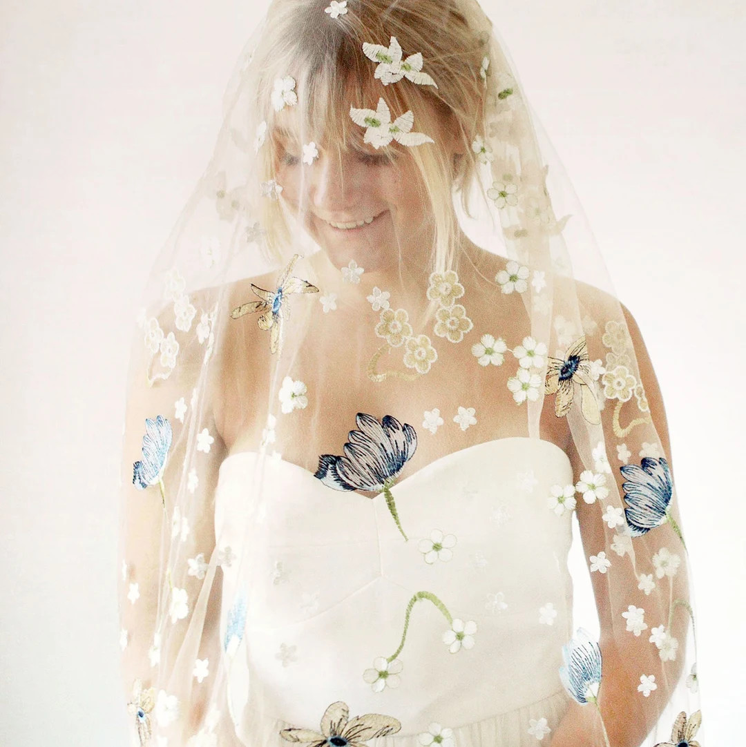 Blue bell blossom veil, Embroidered veil, Bridal veil, Unique wedding veil, Blue gold and white, ... | Etsy (US)