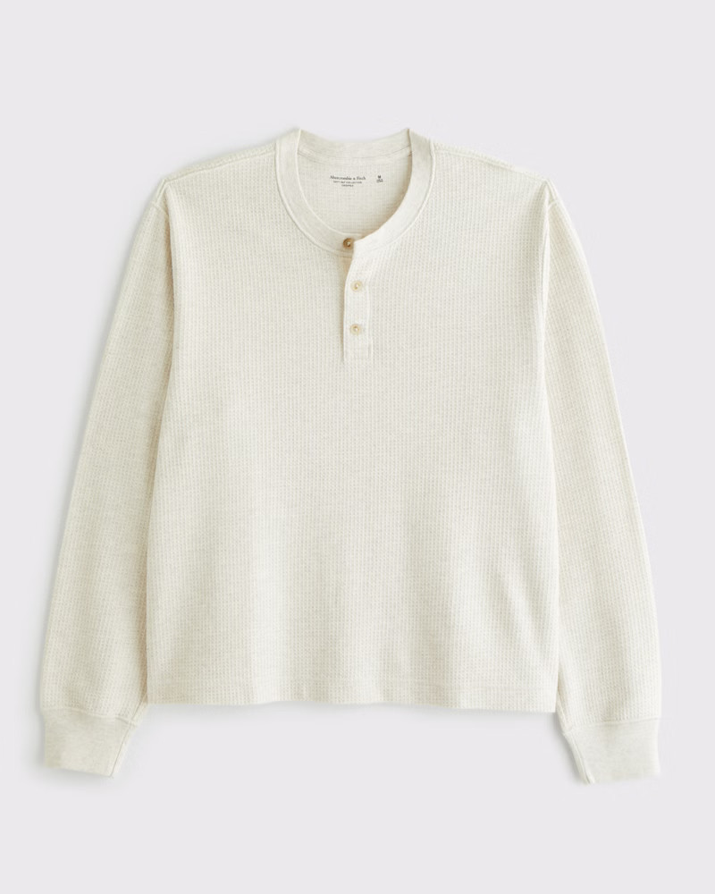 Abercrombie & Fitch Men's Long-Sleeve Grid Waffle Cropped Henley in Cream Heather - Size XXL | Abercrombie & Fitch (US)