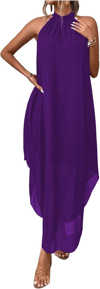 Verdusa Women's Wedding Guest Dress Halter Flowy Chiffon Long Dresses     Cocktail Dress, Asymmet... | Amazon (US)