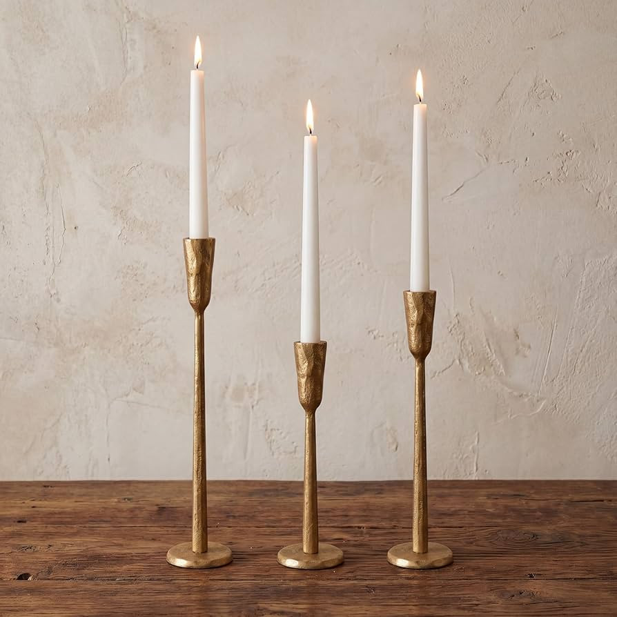 Gold Taper Candle Holders Set of 3, Vintage Brass Candlestick Holder with Hammered Metal Finish H... | Amazon (US)