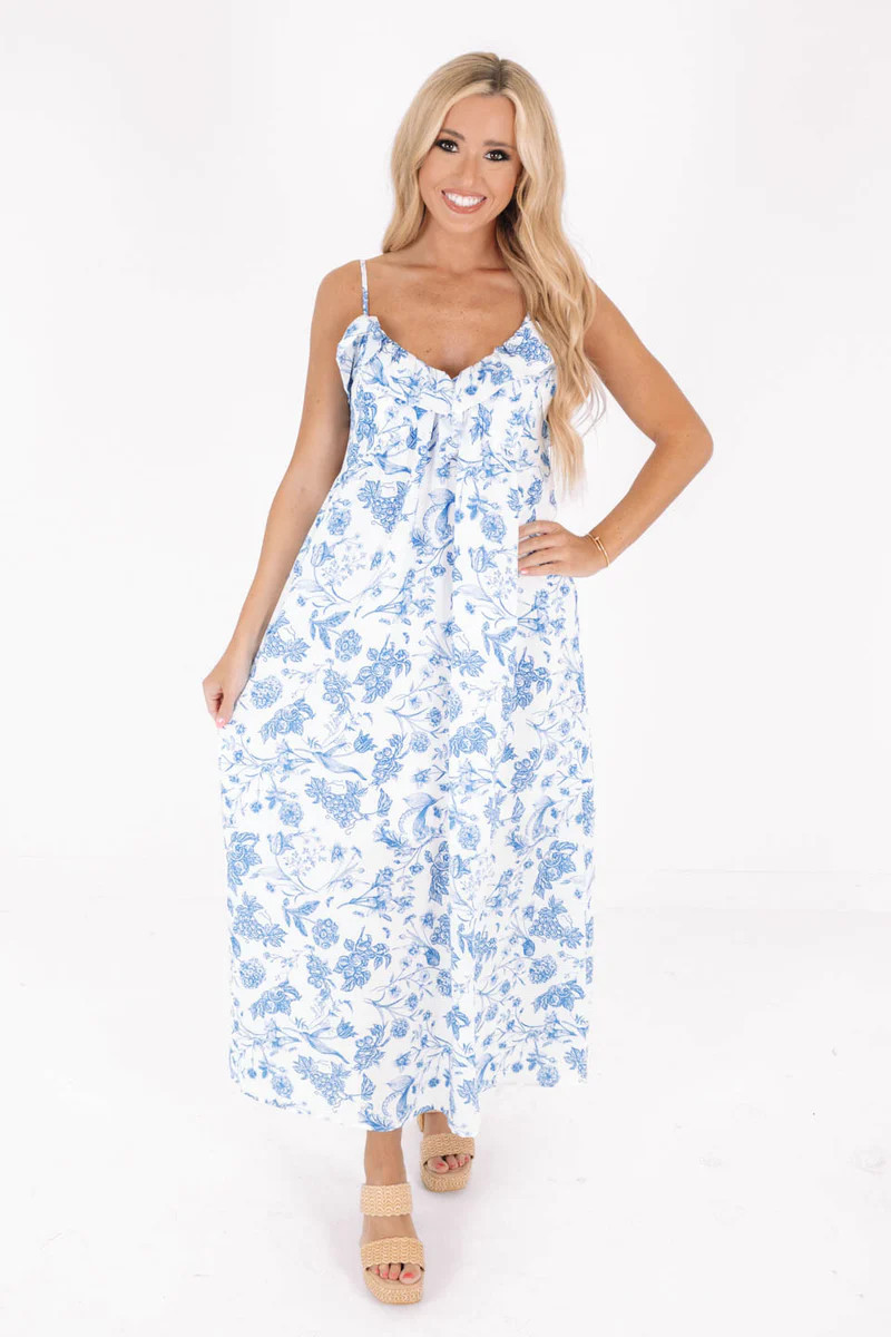 Time For Toile Midi Dress - White And Blue | The Impeccable Pig