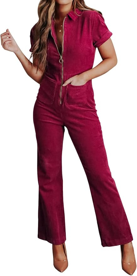 Women's Short Sleeve Corduroy Jumpsuits Zip Up Wide Legs Long Pants Rompers | Amazon (US)