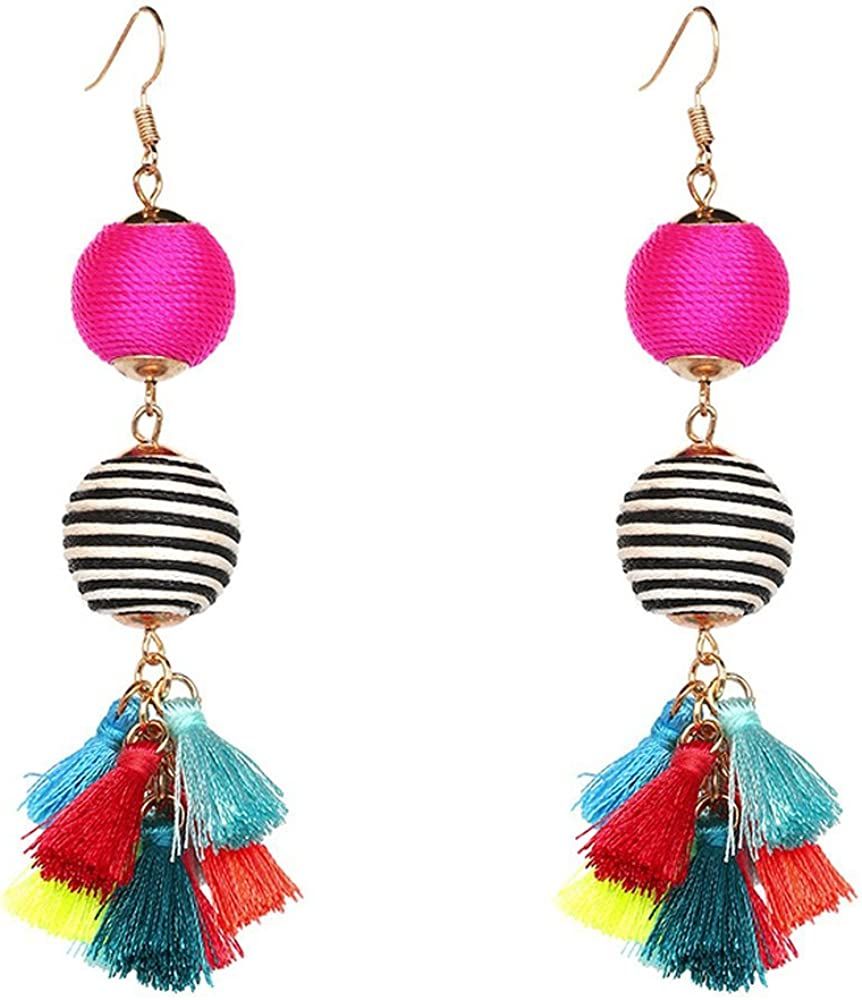 Thread Ball Dangle Earrings Bohemian statement thread tassel earrings for women dangling | Amazon (US)