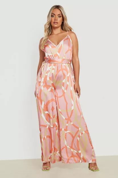 Plus Abstract Print Belted Wide Leg Jumpsuit | Boohoo.com (UK & IE)