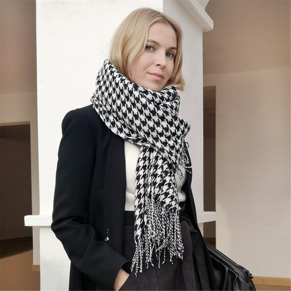 Women Winter Thick Fashion Soft Warm Lady Cashmere White and Black Long Houndstooth Scarf with Ta... | Etsy (US)