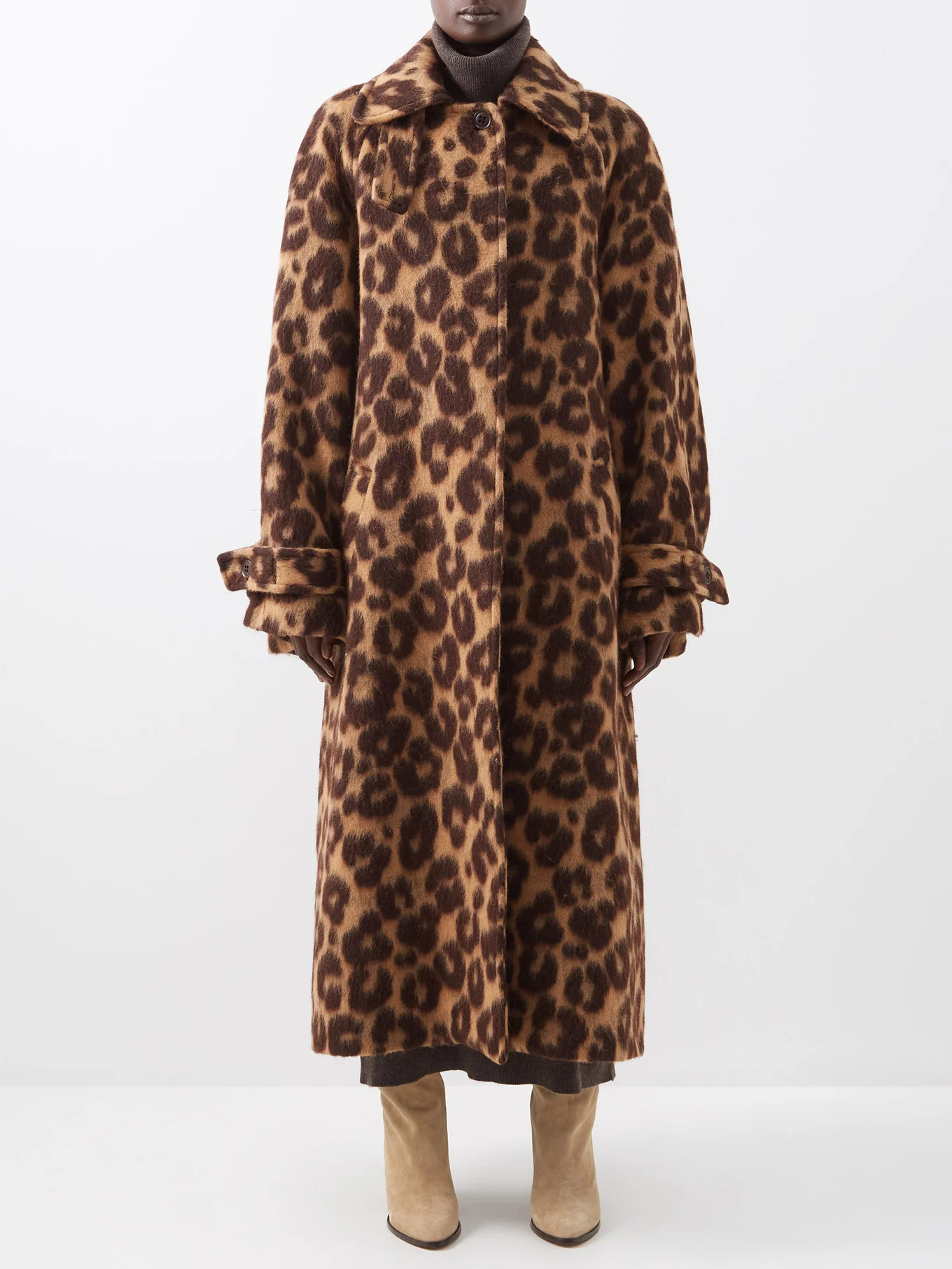 Leopard-print belted raglan-sleeve wool-blend coat | Matches (US)