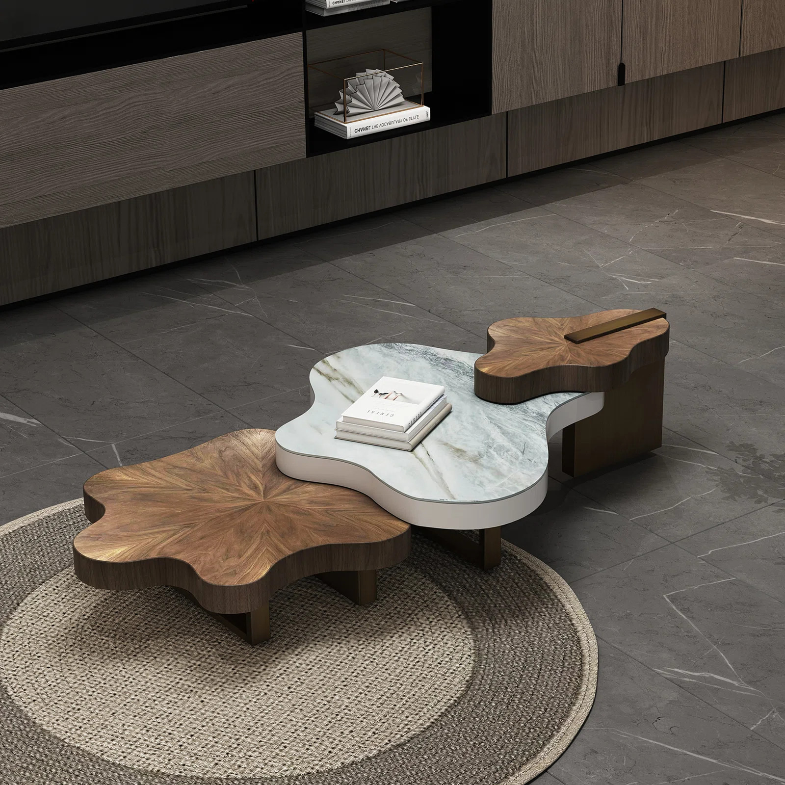 PillieFur Luxury Cloud-Shaped Nesting Coffee Table Set - Stone & Walnut Tops with Bronze Metal Le... | Wayfair North America