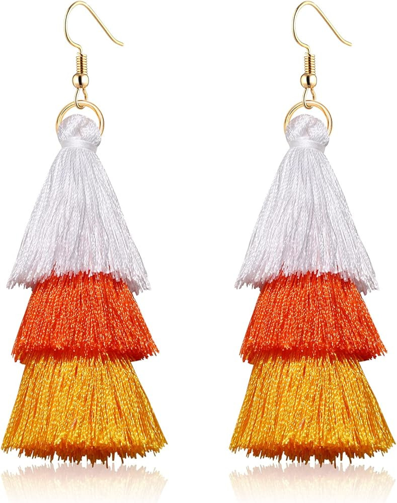 Tassel Earrings Tiered Thread Tassel Dangle Earrings Statement Layered Tassel Drop Earrings | Amazon (US)