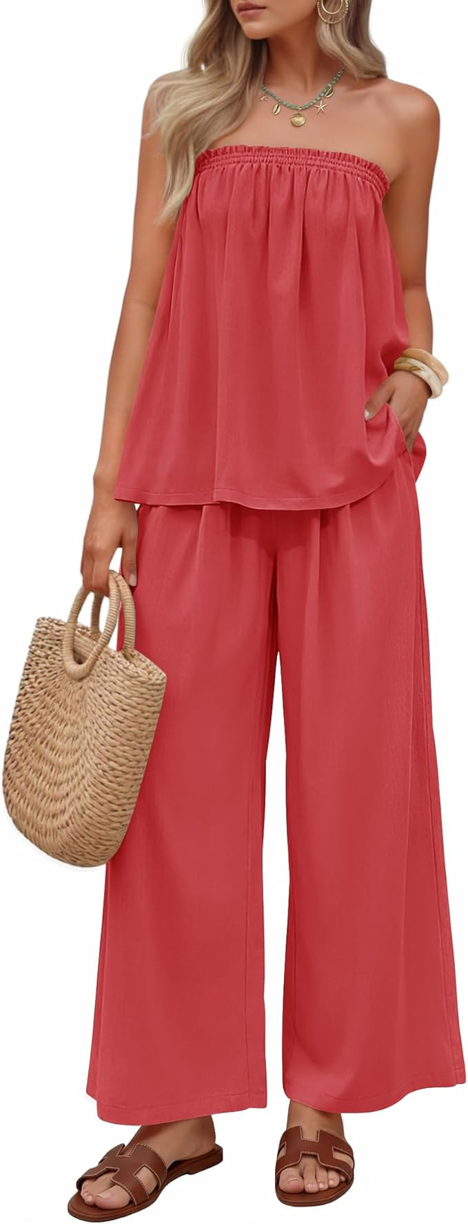 ZESICA Women's Summer 2 Piece Sets 2026 Spring Casual Strapless Tube Top Wide Leg Pants Ruffle Be... | Amazon (US)