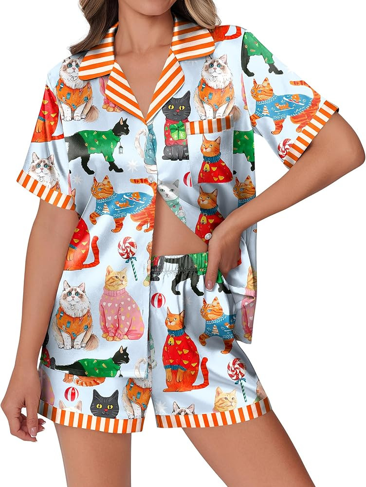 Ekouaer Womens Silk Satin Pajamas Set Animals Print Pjs Button Down Short Sleeve Lounge Set 2 Pie... | Amazon (US)