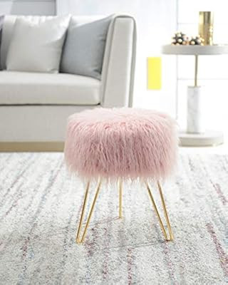 Comfortland Pink Faux Fur Vanity Stool Chair - Furry Compact Padded Ottoman Seat, Fluffy Foot Sto... | Amazon (US)