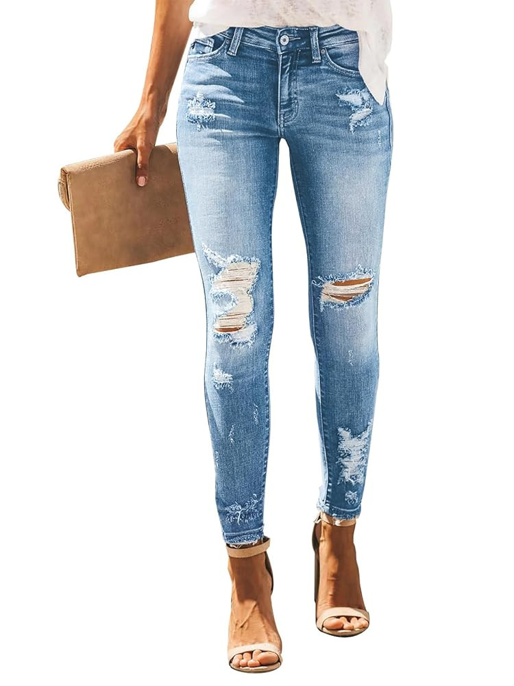 KUNMI Women's Skinny Ripped Trendy Jeans Distressed Stretchy Denim Pants | Amazon (US)