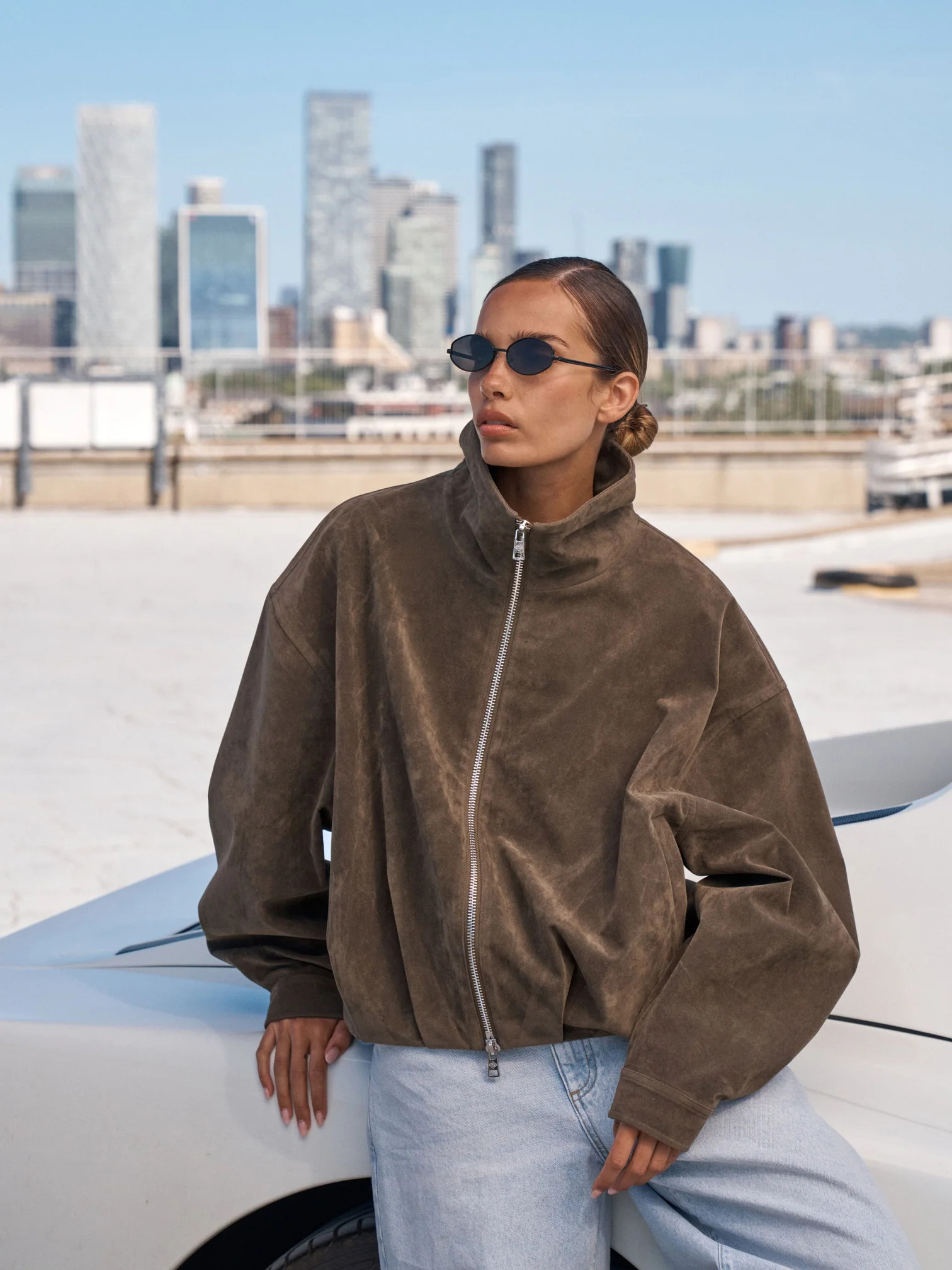 SUEDE FUNNEL NECK JACKET - BROWN | The Couture Club
