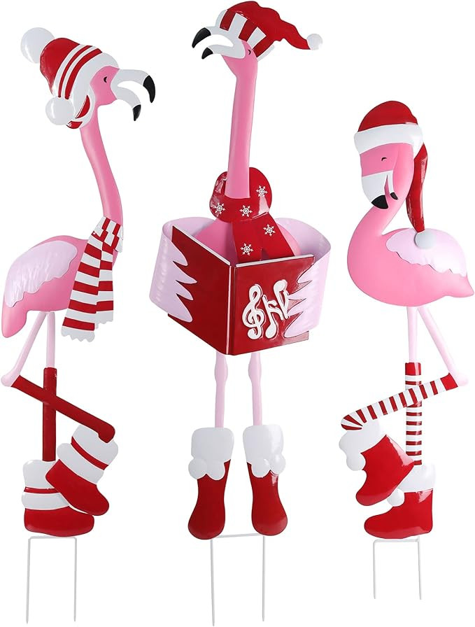 Haute Decor Outdoor Christmas Caroling Flamingos Trio Yard Decor - Sturdy Weatherproof Metal Cons... | Amazon (US)