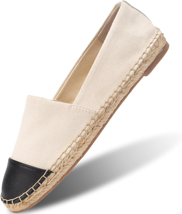 Womens Espadrille Flats Round Toe Slip on Comfortable Loafer Flats Classic Beige Canvas Flats Bre... | Amazon (US)