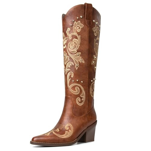 Amazon.com | Bouwno Apricot Western Cowboy Boots for Women Knee High Cowgirl Boots with Classic E... | Amazon (US)