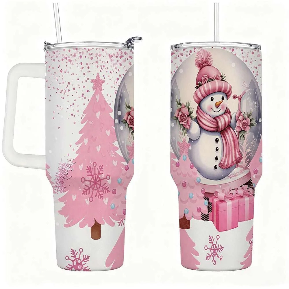 Pink Christmas Snowman Tumbler with Lid and Straw, Winter Tree & Gift Box Holiday Travel Cup | Walmart (US)