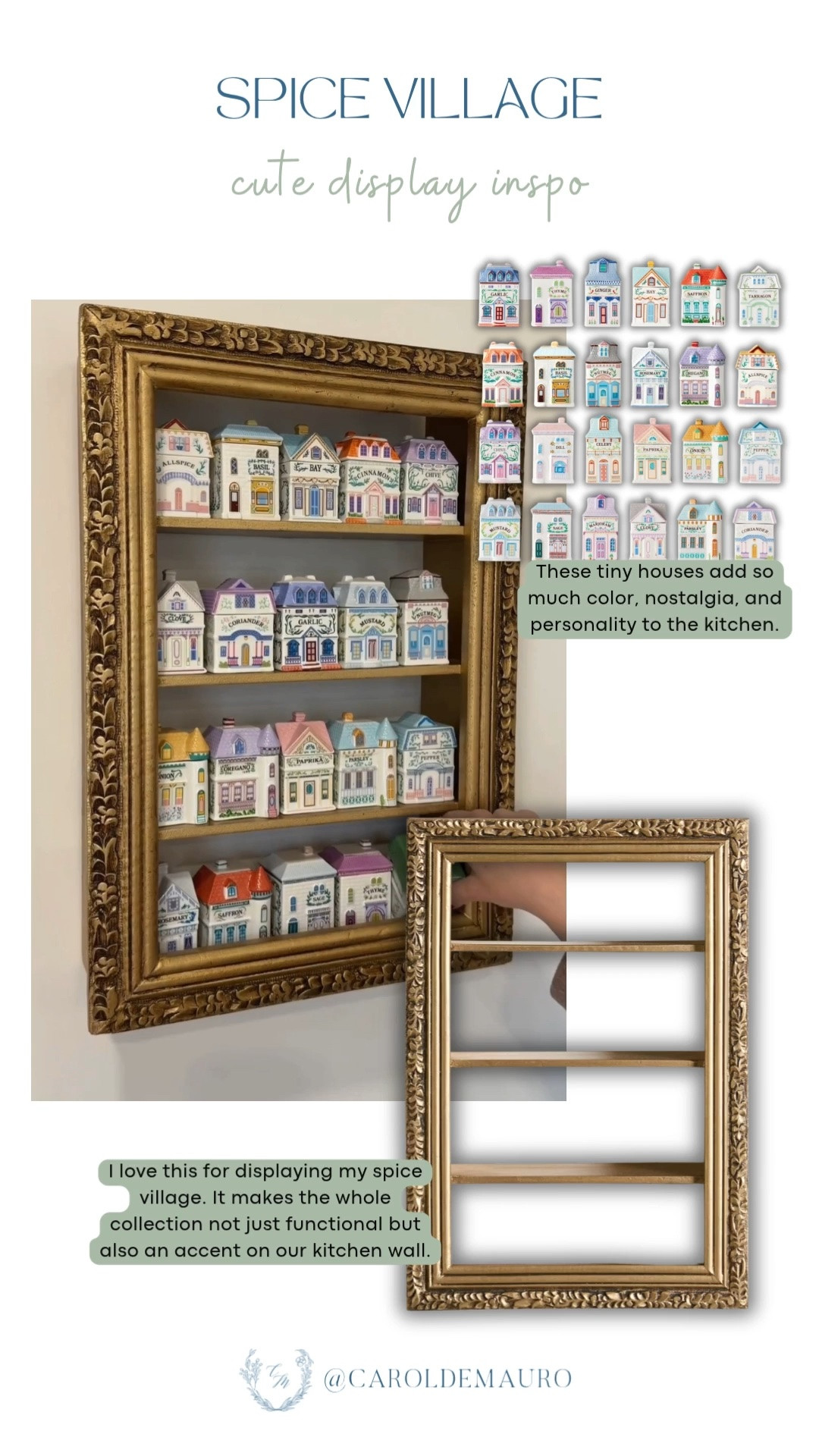 This spice village display is the cutest way to bring color and nostalgia into the kitchen! A vintage frame turned functional and charming.

kitchen display ideas, vintage kitchen decor, spice storage inspo, nostalgic kitchen accents, framed shelf display, charming kitchen decor, collectibles

#LTKHome