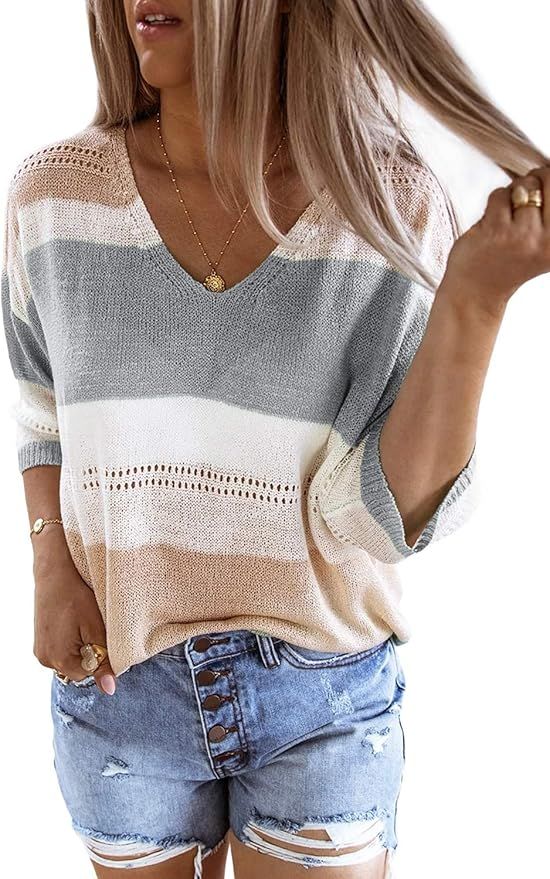 ANCAPELION Women’s Casual V-Neck Shirts Tops Striped Knit T-Shirt Tunic Short Sleeve Loose Swea... | Amazon (US)