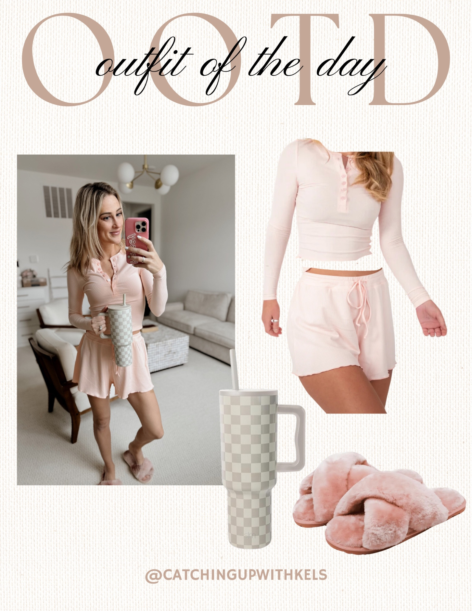 Cozy mornings in this soft and feminine lounge set! ☕ Perfect for sipping coffee and staying comfy all day. Shop this look featuring a ribbed long-sleeve top, matching shorts, fuzzy slippers, and my go-to checkered tumbler. Linked everything you need for your chill day vibes! ✨ #CozyStyle

#LTKStyleTip