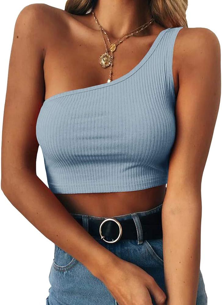 PRETTODAY Women's Sleeveless Crop Tops Sexy One Shoulder Strappy Tees Basic Crop Tank Tops | Amazon (US)