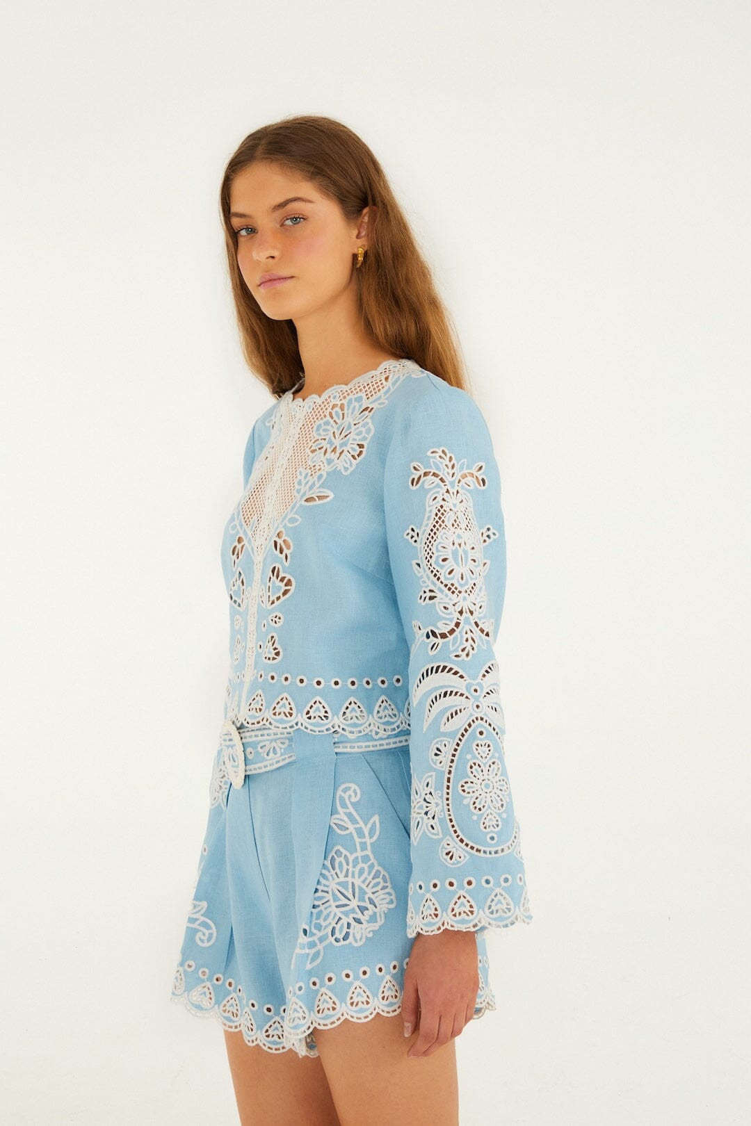 Light Blue Romantic Richelieu Euroflax Premium Linen Blouse | FARM Rio | FarmRio (US)