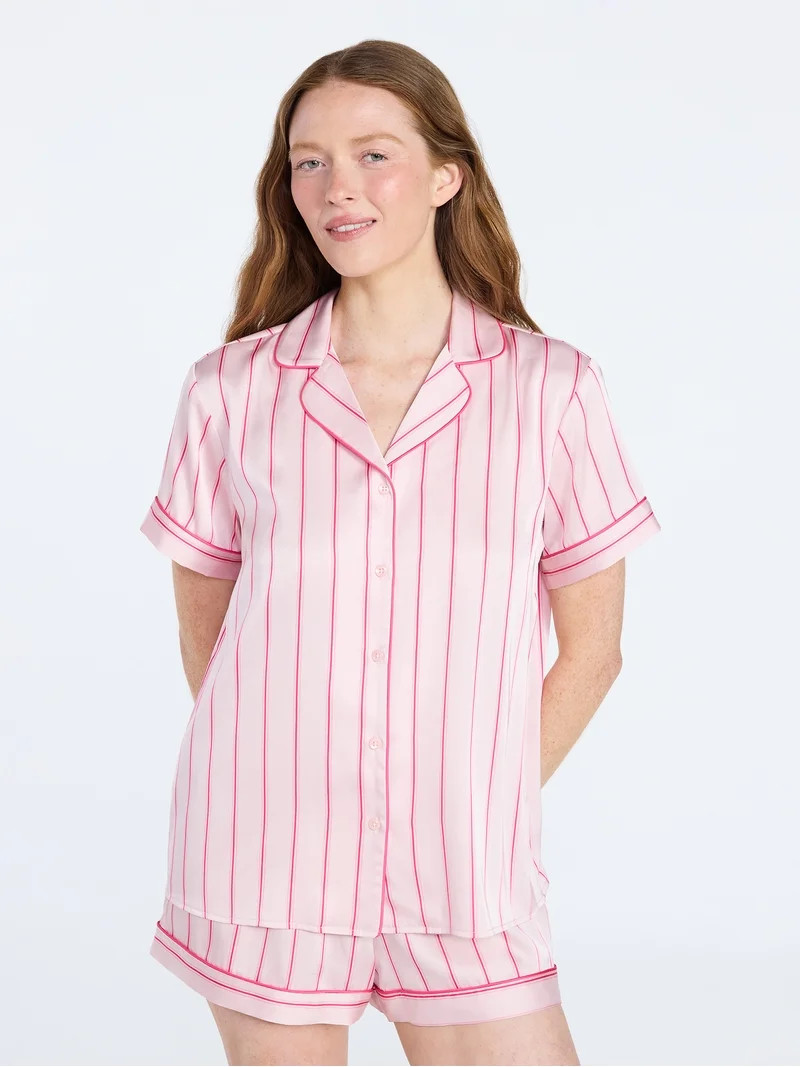 Joyspun Women’s Stretch Satin Short Sleeve Top and Shorts Pajama Set, Sizes XS-3X | Walmart (US)