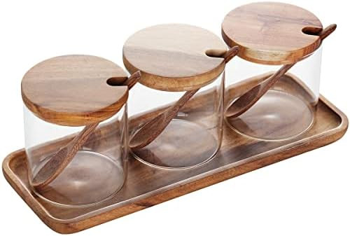 3 Pack 250ml / 8.5oz Clear Glass Spice Jar with Acacia Wooden Lid and Spoon, Classic Style, Kitch... | Amazon (US)