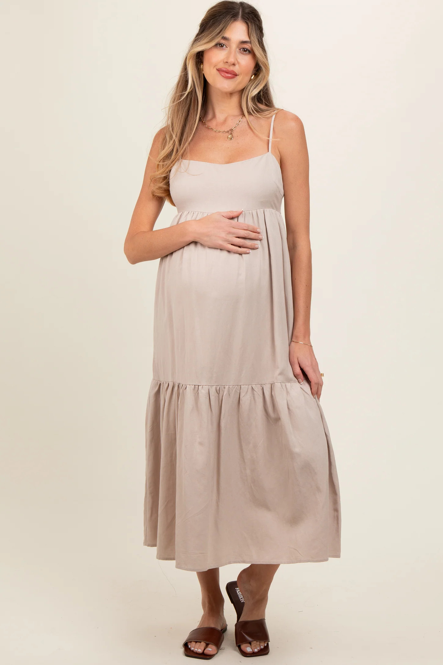 Taupe Square Neck Sleeveless Tiered Maternity Maxi Dress | PinkBlush Maternity