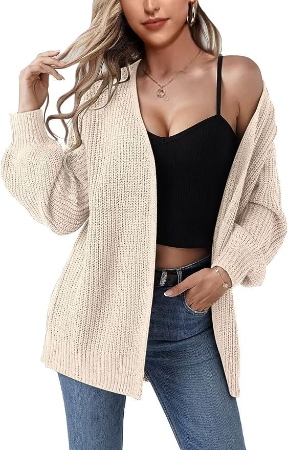 Jollycode Women's Open Front Cardigan Chunky Knit Sweaters Lantern Sleeve Outwear Lightweight Coa... | Amazon (US)