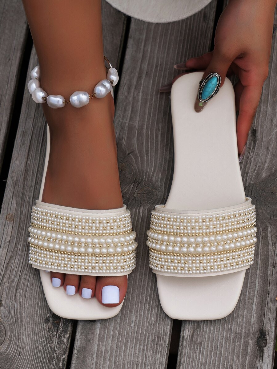 Women's Fashionable Faux Pearl Decorated Square Toe Flat Sandals For Summer | SHEIN