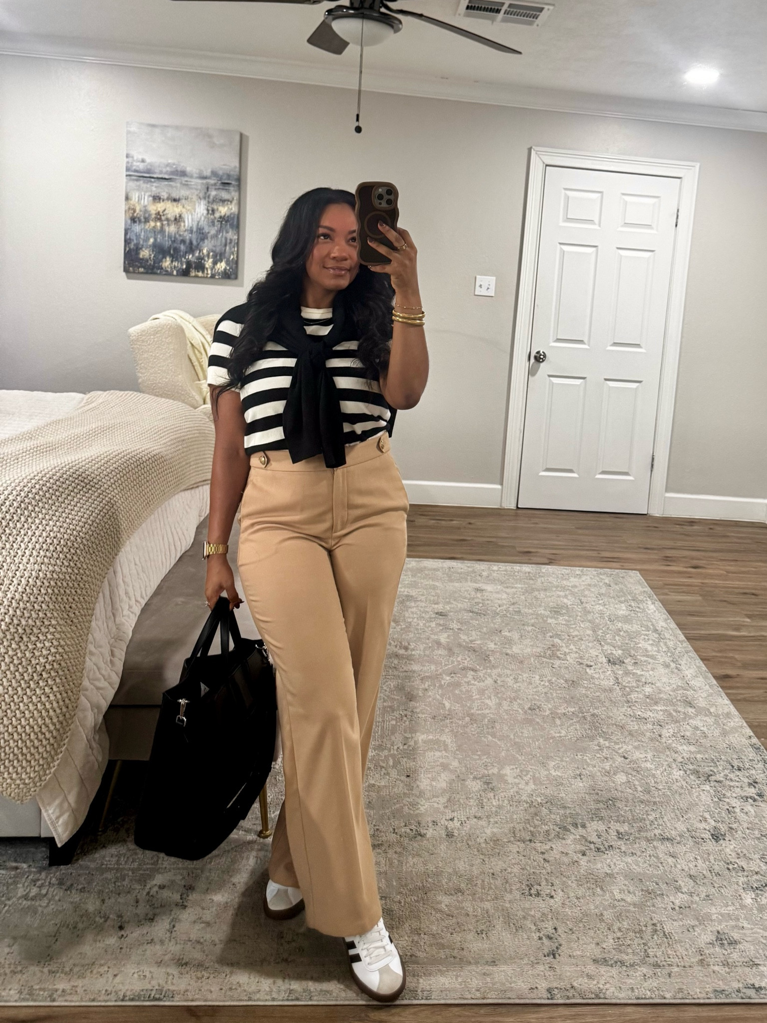 Stripes are always a vibe along with sneakers matched with business casual! The pants run big but are worth buying (got mine tailored).