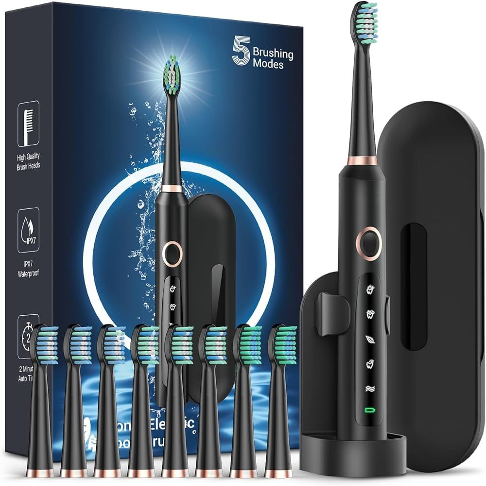 Sonic Electric Toothbrush for Adults - Rechargeable Electric toothbrush with 8 Brush Heads & Trav... | Amazon (US)