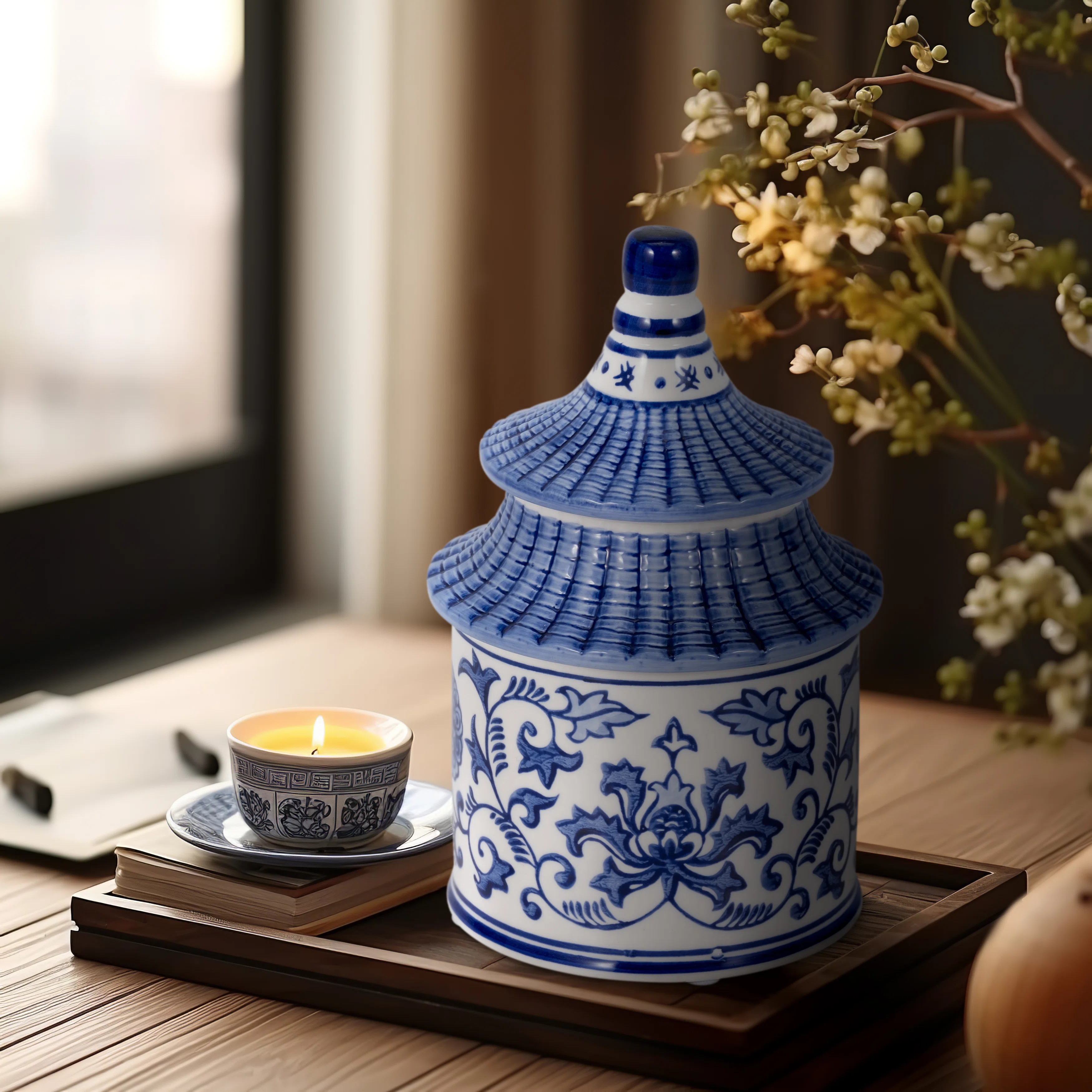 Goldene Ceramic Candle Jar Stoneware Pagoda-Inspired Design 8" Blue and White Home Decor | Wayfair North America